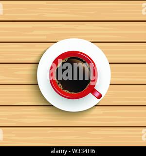 Realistische Ansicht von oben rote Kaffeetasse auf hölzernen Tisch. Stock Vektor