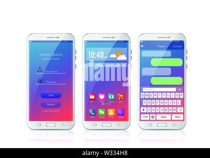 Neue realistische Smart Phone, modernen Stil. Vektor Smartphone mit UI Symbole. Schnittstelle login Design und Messaging SMS-App auf weißem Hintergrund. Stock Vektor