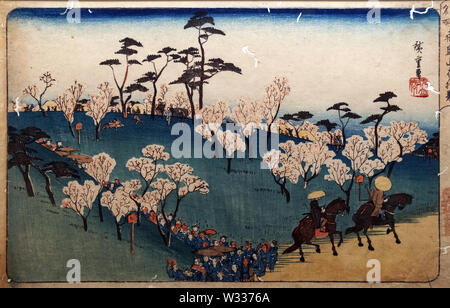 Berühmte Sehenswürdigkeiten Edo: Cherry Blossom Anzeigen im Asukayama, von Utagawa Hiroshige, Holzschnitt, Edo Periode, 19. Jahrhunder t Stockfoto