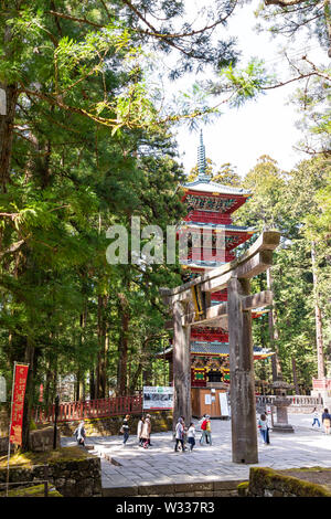 Nikko, Japan - April 4, 2019: Toshogu Schrein Tempel und Pagode torii Tor in der Präfektur Tochigi im Frühjahr mit Touristen Menschen zu Fuß von Zedern Stockfoto