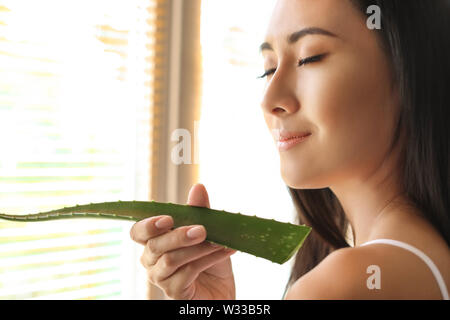 Schöne asiatische Frau mit Aloe vera zu Hause Stockfoto