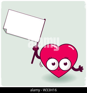 Cartoon Valentinstag Herz mit einem leeren Plakat. Cartoon-Herz mit einem leeren Schild. Stockfoto