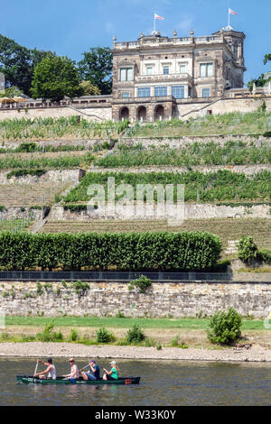 Deutschland Dresden, Loschwitz, Lingnerschloss über den Weinbergen, Menschen Kanu Elbe, Europa Stockfoto