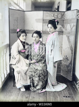 [1890s Japan - japanische Prostituierte] - Prostituierte der berühmtesten Japan Haus der Prostitution bekannt als Jinpuro (nektarine) oder Nr. 9, in Yokohama, Kanagawa Präfektur, Ca. In den 1880ern. Rudyard Kipling, der Japan 1889 besucht (Meiji 22), erwähnt in seinem Jinpuro 1894 (Meiji 27) Gedicht "McAndrew's Hymn": "Tilge Die verschwenders Stunden von mir, wenn ich in Sünde blieb. Jane Harrigan ist ein 'Nummer Neun, die reddick ein 'Grant Road". 19 Vintage albumen Foto. Stockfoto