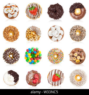 Delicious Doughnuts Collage, isoliert auf weißem Stockfoto