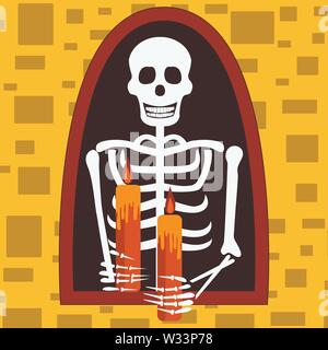 Halloween Card Template mit Skelett Holding Kerzen Stock Vektor