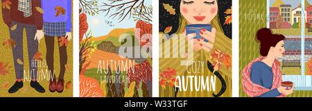 Gemütliche Herbst. Satz von Cute Vector Illustration mit Landschaft natürlichen Hintergrund, Menschen, die von der Fenster, mit einer Tasse Tee in warme Schuhe und fallende Stock Vektor