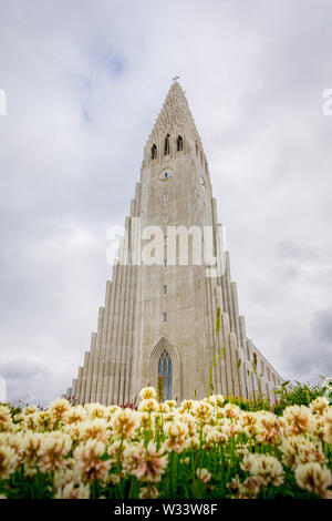 Reykjavik, Island, Juli 2019: hallgrimskirkja oder Kirche von Hallgrimur, evangelische Pfarrkirche, die durch staatliche Architekten Guðjón Samúelsson. Höchste Gebäude Stockfoto