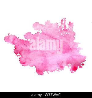 Aquarell Fleck von Rosa mit Spritzer und Flecken. Eine isolierte scharlachroten Fleck auf einem weißen Hintergrund. Hell crimson Blot von Hand gezeichnet. Stockfoto