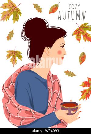 Gemütliche Herbst. Cute Vector Illustration der Frau mit einer Tasse Tee und fallende Blätter auf weißem Hintergrund Stock Vektor