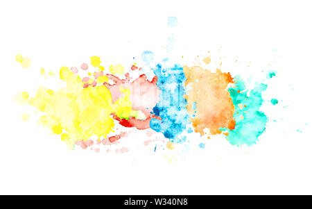 Multicolor Aquarell horizontale Streifen. Isolierten Ort auf weißem Hintergrund. Gelb, Orange, Grün, Rot, Blau blots von Hand gezeichnet. Stockfoto