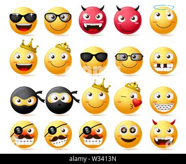 Emoticon Vektor einrichten. Smiley und gelb Emoji des Königs und der Königin trägt Krone, ninja und Bärtigen mit schlechten Teufel Smiley in Rot pirate isoliert Stock Vektor