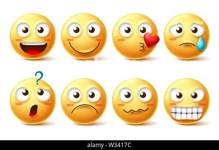 Smiley vektor Zeichensatz. Smileys Emoticons und emoji mit unterschiedlicher Mimik und Emotionen wie happy, einsam, verwirrt und wütend Stock Vektor