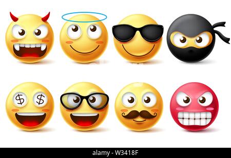 Smileys und Emoticons vektor Zeichensatz. Smiley gelb emoji wie Daemon, Engel, Ninja, bärtigen Gesicht und eine Sonnenbrille in Weiß isoliert Stock Vektor