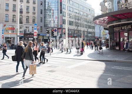 Menschen Überqueren der Straße, öffentliche Verkehrsmittel, ihre Hunde zu Fuß und auf dem Fahrrad, Verkehr, Zebrastreifen in Wien, Österreich Stockfoto