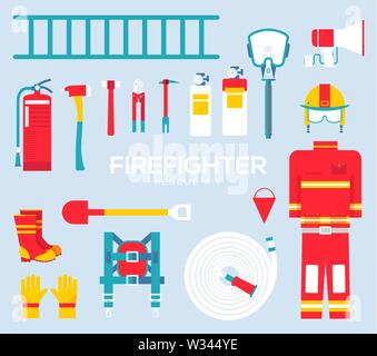 Feuerwehrmann Geräte und Werkzeuge clipart. Satz von Feuerwehr und Zahnrad Symbole, Piktogramme. Not-Objekte Vektor Elemente für Infografik, Web: ex Stock Vektor