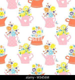 Blumen in der giesskanne Vintage Farben nahtlose Vektor Muster. Stock Vektor