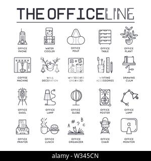 Satz von Office Interior dünne Linie Symbole auf weißem Hintergrund. Arbeitsplatz Übersicht Piktogramme Sammlung. Möbel, Geräte Logos, Stock Vektor