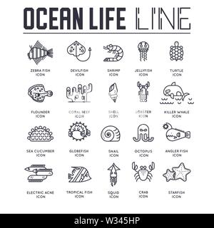 Der Ozean leben dünne Linie Symbole auf weißem Hintergrund. Unterwasser habitants Umrisse Piktogramme Sammlung. Wasserpflanzen, Fische, Tiere ve Stock Vektor