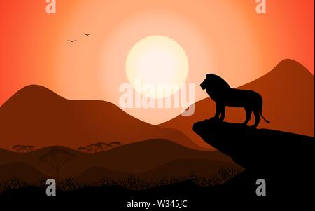 König der Löwen stehend auf einem Rock gegen einen Sonnenuntergang Stock Vektor