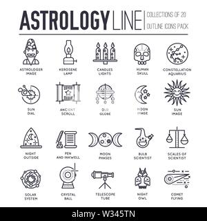 Satz von Astronomie und Astrologie dünne Linie Icons, Logos isoliert auf weißem Hintergrund. Antike Alchemie Symbole und Objekte übersicht Piktogramme Sammlung. Stock Vektor