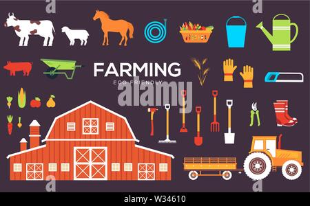 Eingestellt von landwirtschaftlichen Objekten und Charakteren. Landwirtschaftliche Gebäude, Tiere, Getreide, Gemüse, Werkzeuge, Geräte. Pflanzenbau und wachsenden Vektor illustrati Stock Vektor