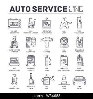 Satz von Auto Service thin line Symbole isoliert auf Weiss. Übersicht mechanische Arbeit Werkzeuge und Autoteile Piktogramme Sammlung. Garage Logos. Auto Instandsetzung Stock Vektor