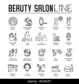 Satz von Beauty und Spa Salon dünne Linie Symbole. Haarschnitt, Massage, Maniküre übersicht Piktogramme Sammlung. Fahrzeugpflege Logos. Kosmetische Werkzeuge und Verfahren Stock Vektor