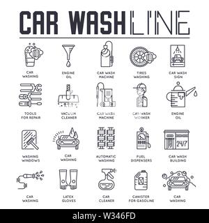 Satz von Auto waschen und Reparatur Dienstleistungen dünne Linie Icons, Logos isoliert auf weißem Hintergrund. Automatische Reinigung und Waschen Umrisse Piktogramme Sammlung. Vect Stock Vektor