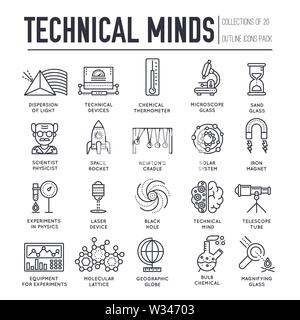 Satz von technischen Verstand dünne Linie Symbole auf Weiß. Der wissenschaftliche Fortschritt Ergebnisse Piktogramme Sammlung. Fortschritt von Wissenschaft Logos. Erfindungen, achi Stock Vektor