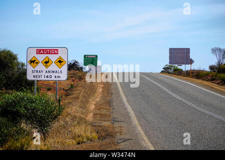 Australische Road Sign. Vorsicht streunende Tiere Stockfoto