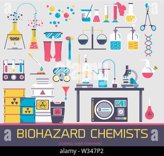 Herstellung von biologisch gefährlichen chemischen Arbeitsstoffen clipart. Einstellen der wissenschaftlichen Labor Werkzeuge und Ausrüstung flachbild Symbole, Piktogramme isoliert auf Grau. Medizinische Stock Vektor