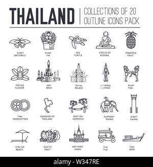 Set kultureller Symbole und Sehenswürdigkeiten von Thailand dünne Linie Symbole auf Weiß. Sehenswürdigkeiten übersicht Piktogramme Sammlung. Thailändische Küche, tradi Stock Vektor