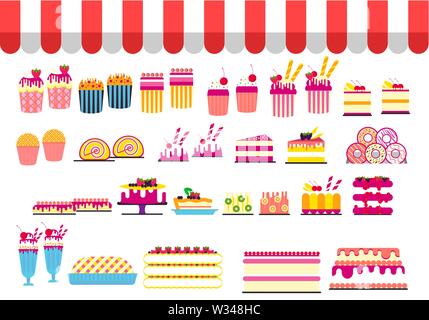 Tag der Süssigkeiten Postkarte. Horizontale Banner mit Kuchen, Süßigkeiten, Cocktails, Kuchen, Eis, Donuts. Shop-Fenster von Süßwaren, Gastronomie vecto Stock Vektor