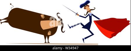 Cartoon stierkämpfer und ein Stier isoliert Abbildung. Cartoon langen Schnurrbart Stierkämpfer hält ein Schwert, Matador Cape und wütenden Stier isoliert auf weißem Stock Vektor