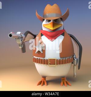 Wild West penguin Sheriff cowboy hat seine Pistole gezogen und verweist es auf den Betrachter, 3d-Grafik rendern Stockfoto