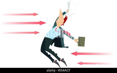 Geschäftsmann und Pfeil Zeichen Konzept Abbildung. Der Mann mit Sack und Papiere von vorne angegriffen und zurück mit Pfeil Zeichen isoliert auf weißem Stock Vektor