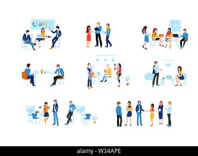 Bunte im Cartoon Stil. Sammlung von Szenen im Büro Vector Illustration. Bündel von Männern und Frauen die Teilnahme an Tagungen, Verhandlungen, Brainstorming, miteinander zu reden. Stock Vektor