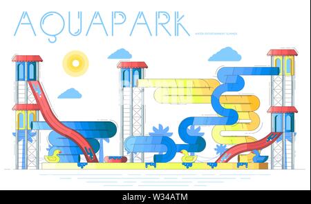 Aquapark mit waterplay, Pools, Wasserrutschen, Lazy Rivers, Spielzeug, Enten, Attraktionen. Der Wasserpark im Sommer. Vektor flachbild Banner für Freizeit, Unterhaltung, touristische, unterhaltsame Projekte. Stock Vektor