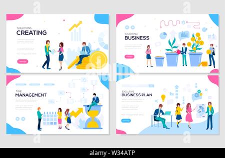 Business Solutions, Planung und Strategie, Startup, Zeitmanagement Vector Illustration. Satz von Webseite Design Vorlagen. Mobile Website Entwicklung Design Stock Vektor