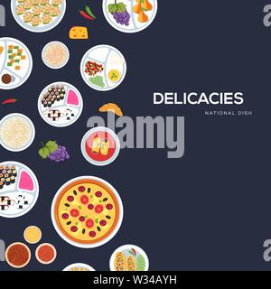 Vektor Banner mit nationalen Gerichten. Traditionelle Köstlichkeiten Poster. Einladungskarte für Urlaub mit Meeresfrüchte, Obst, Gebäck. Vorlage für Food Festival, Cafe, Menü, Werbung. Kopieren Sie Platz. Ansicht von oben. Stock Vektor