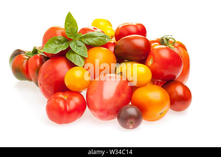 Verschiedene Arten von Tomaten auf weißem Hintergrund Stockfoto