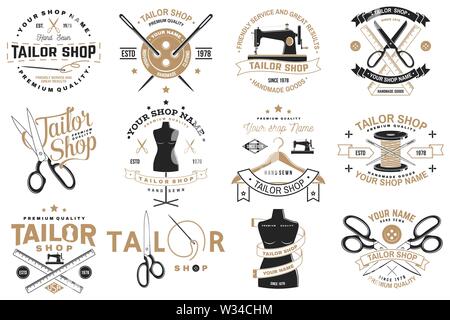 Der shop Abzeichen anpassen. Vector Illustration Konzept für T-Shirt, Druck, Stempel Aufkleber oder T-Stück. Vintage Typografie Design mit Nähnadel und Schere Silhouette. Retro Design zum Nähen shop Business Stock Vektor