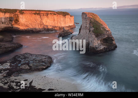 Panoramablick über Shark Fin Cove (Shark Tooth Beach). Davenport, Santa Cruz County, Kalifornien, USA. Sonnenuntergang in Kalifornien - Wellen und Sonneneinstrahlung Stockfoto