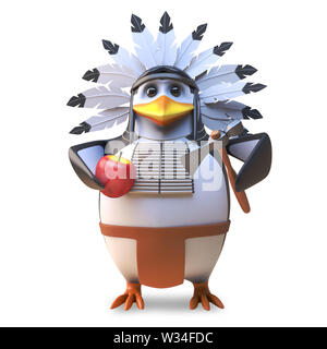 Hungrige Indianer Pinguin chief Koteletts einen Apple mit seiner Axt, 3d-Grafik rendern Stockfoto