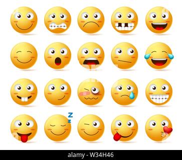 Smileys Vektor einrichten. Smiley oder gelb Emoticons mit verschiedenen Gesichtsausdrücke und Gefühle wie Freude, einsam, verwirrt und verletzt isoliert Stock Vektor