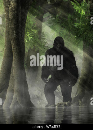 In dunklen Haaren bedeckt, die Skunk ape hat viele Namen. Es ist ein bigfoot Wesen der Legende in den südöstlichen USA sagte, Sümpfen und Mooren zu bewohnen Stockfoto
