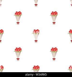 Nahtlose Muster mit Bouquet von roten Tulpen in Papier mit roter Schleife. Geschenk Blumenstrauß. Vector Illustration für Design, Web, Geschenkpapier, Fabri Stock Vektor