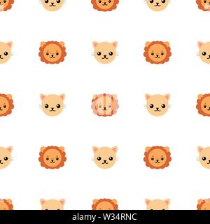 Seamless pattern with cute cat and lion. Vector illustration for design, web, wrapping paper, fabric. Stock Vektor