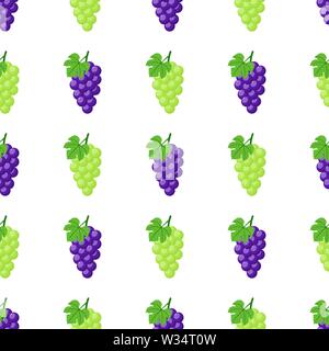 Nahtlose Muster mit violetten und grünen Trauben auf weißem Hintergrund. Bündel von lila Trauben mit Stiel und Blatt. Vector Illustration für Design, Stock Vektor